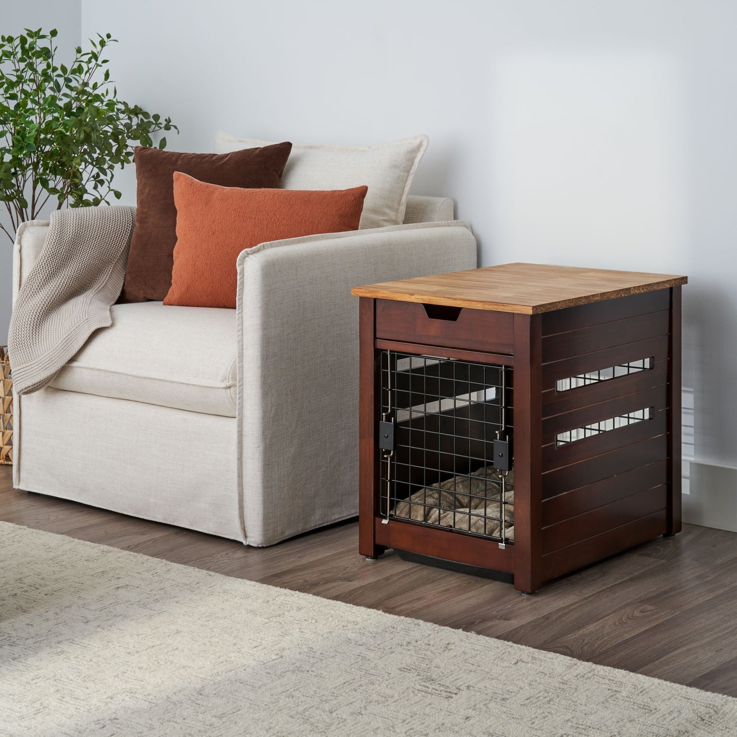 Pet crate end table in living room