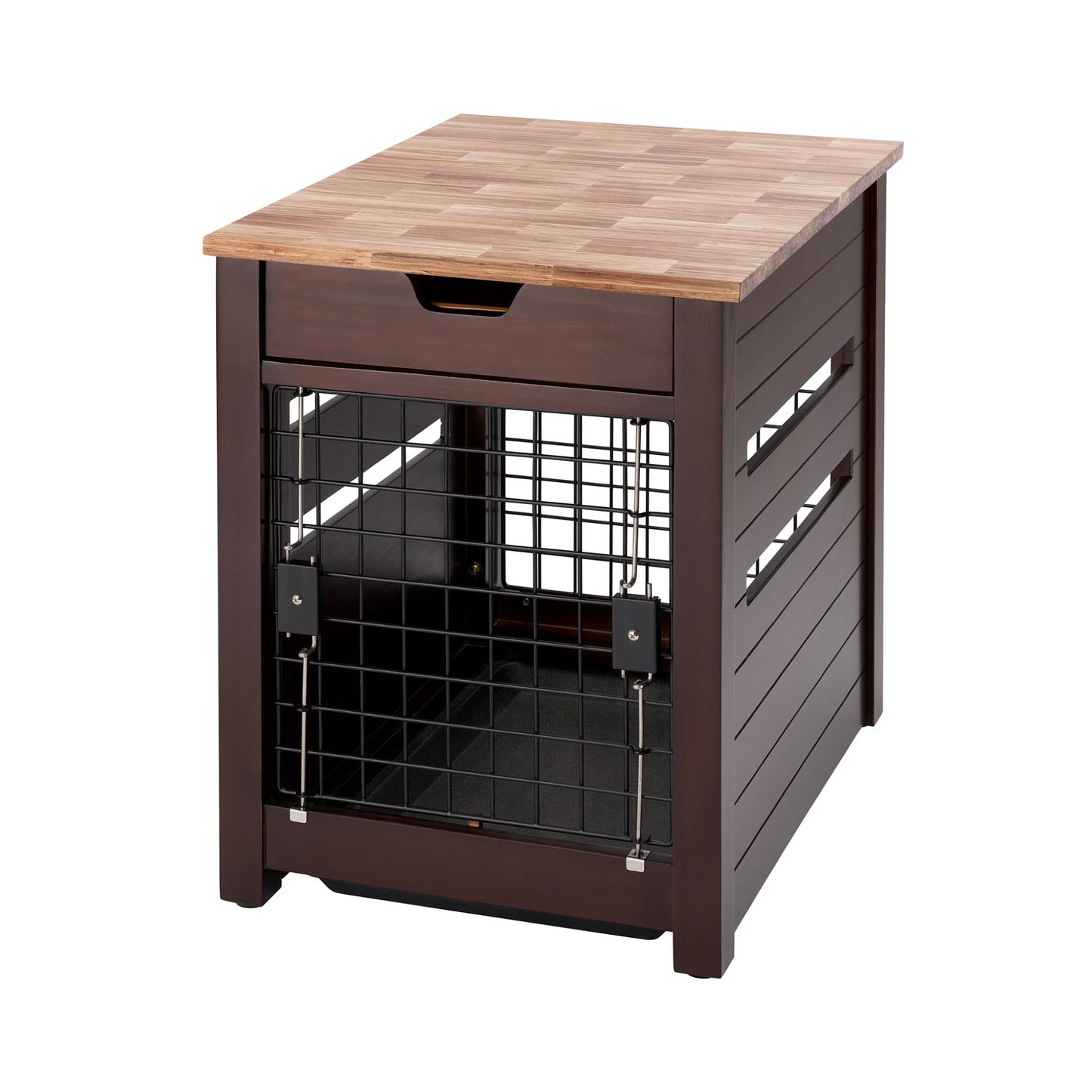 pet crate end table with a white background