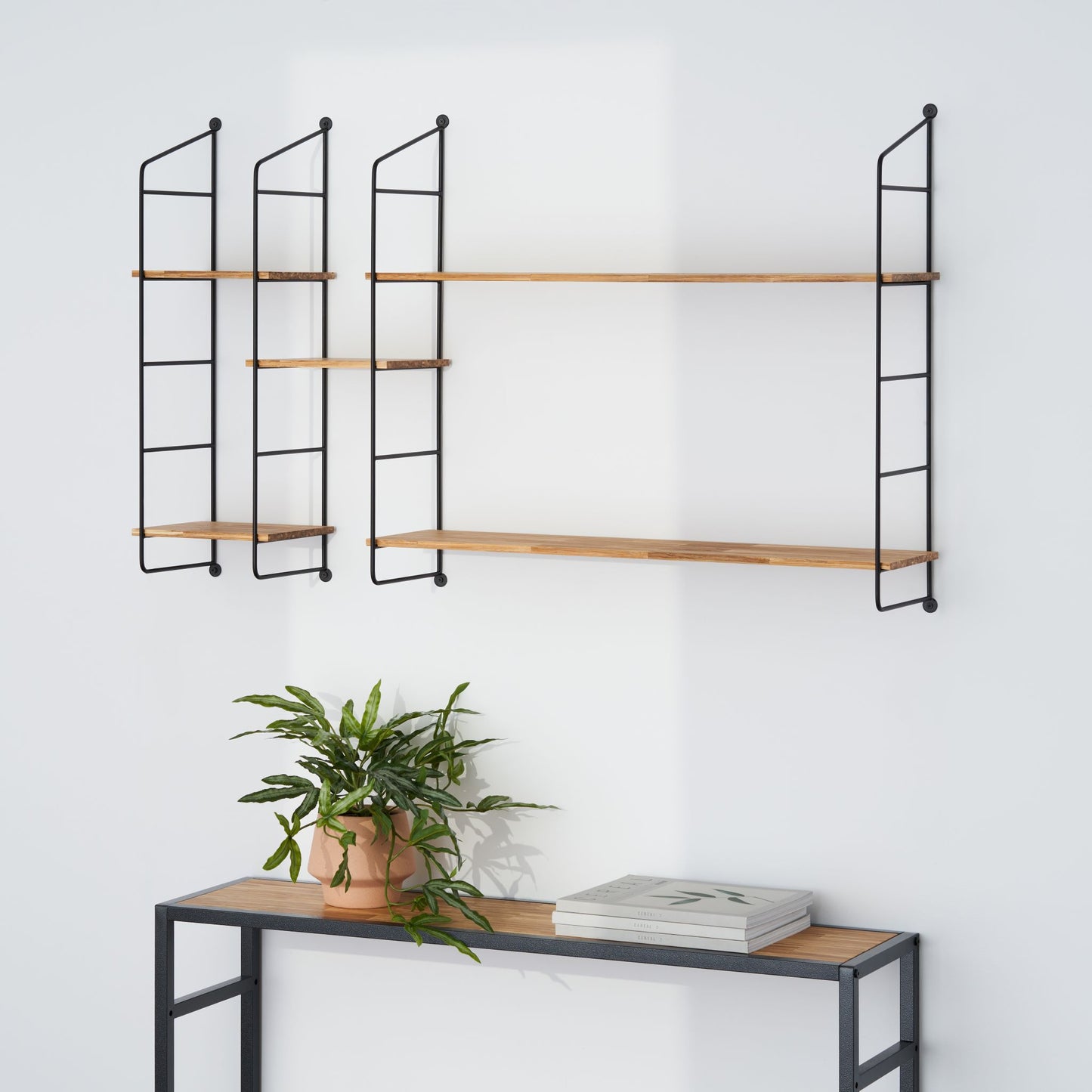 Empty modular shelving on living room wall