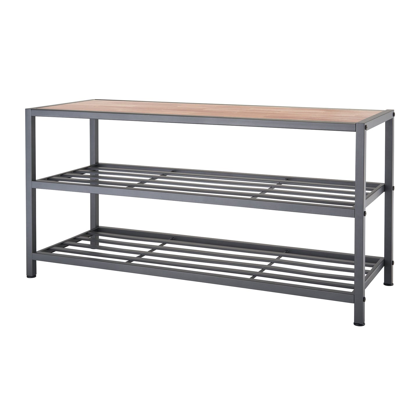 three tier shoe rack with a white background