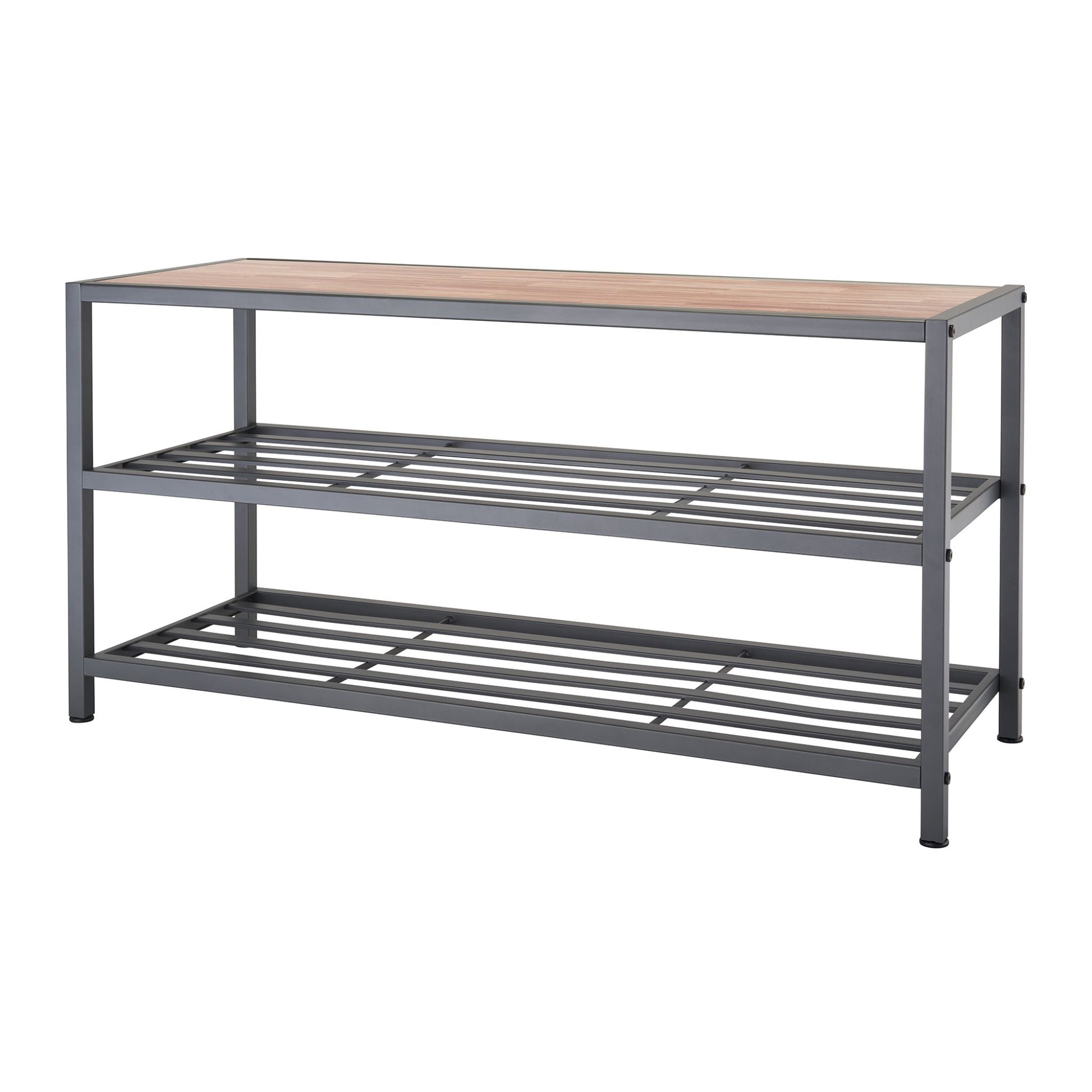 three tier shoe rack with a white background