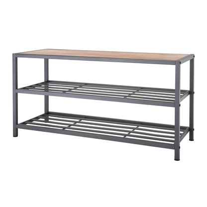 three tier shoe rack with a white background